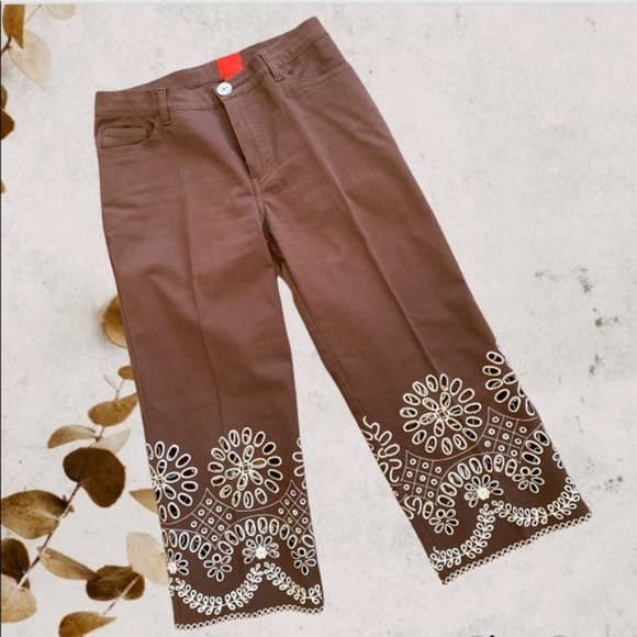 very vera Pants - Very Vera Bohemian Embroidered Brown Flare Crop Pants